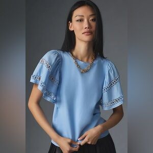 Anthropologie Self Contrast Flutter Sleeve Cutwork Top NWT Size S Blue